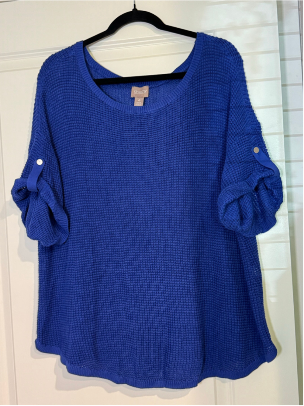 Women's Chico's Blue Crew Neck Waffle Knit Short Sleeve Sweater Size 4/XXL